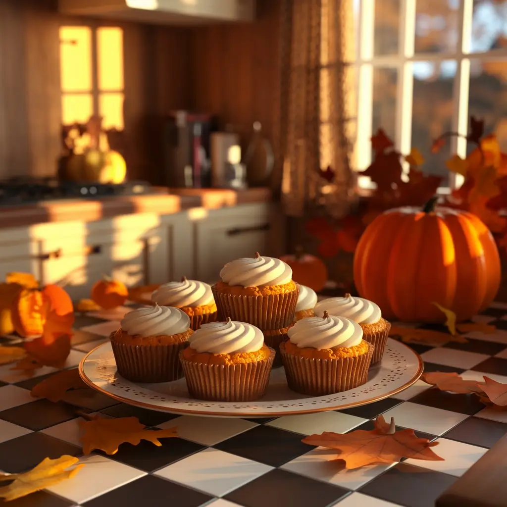 kitchen with a plate of fresh pumpk Pumpkin and Cream Cheese Muffins